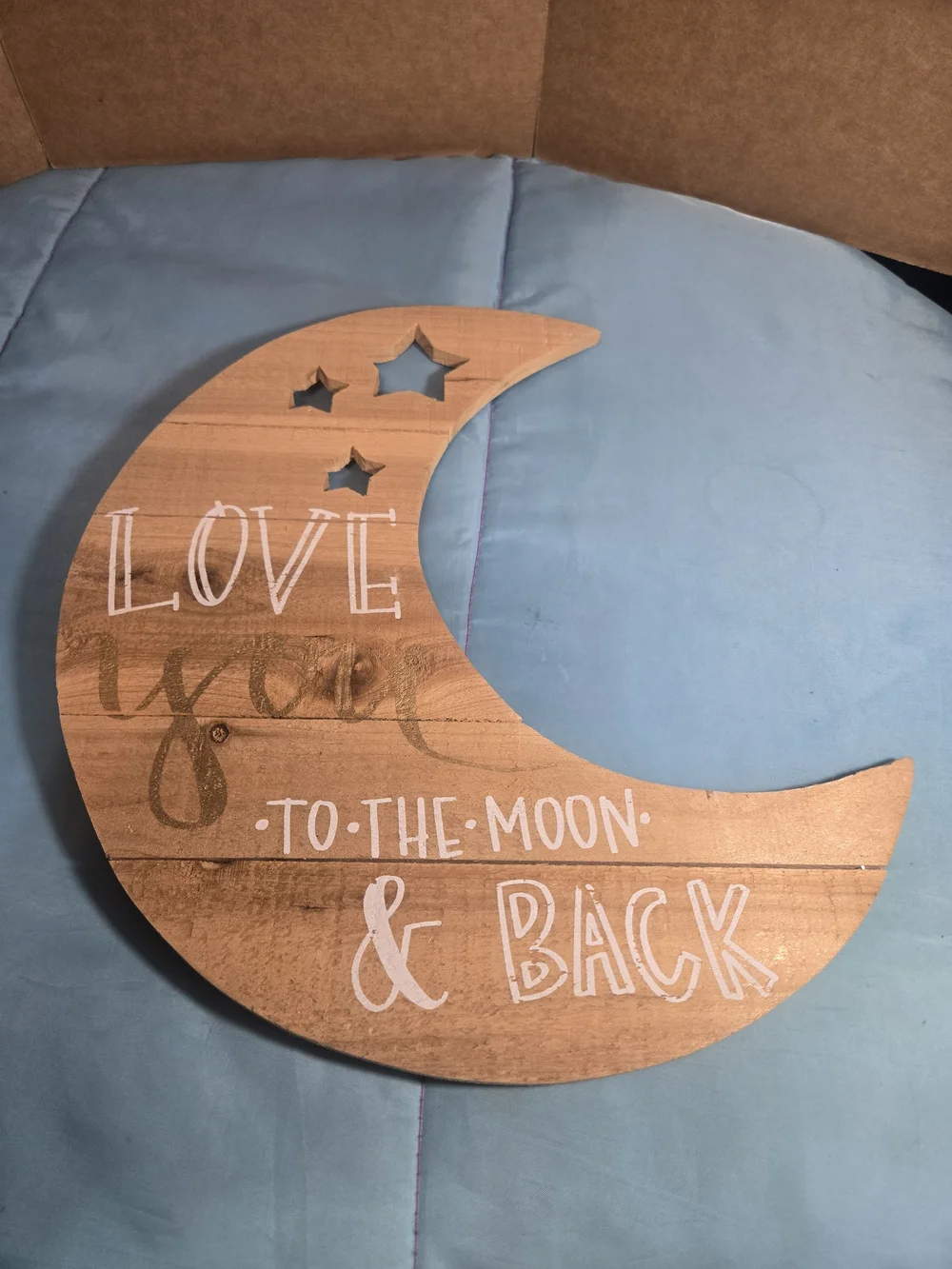 Hobby Lobby Wooden Crescent Moon Wall Decor in Brown with White Lettering